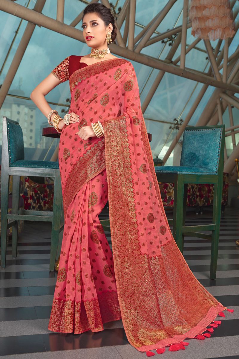 Pink Color Organza Fabric Trendy Weaving Designs Saree