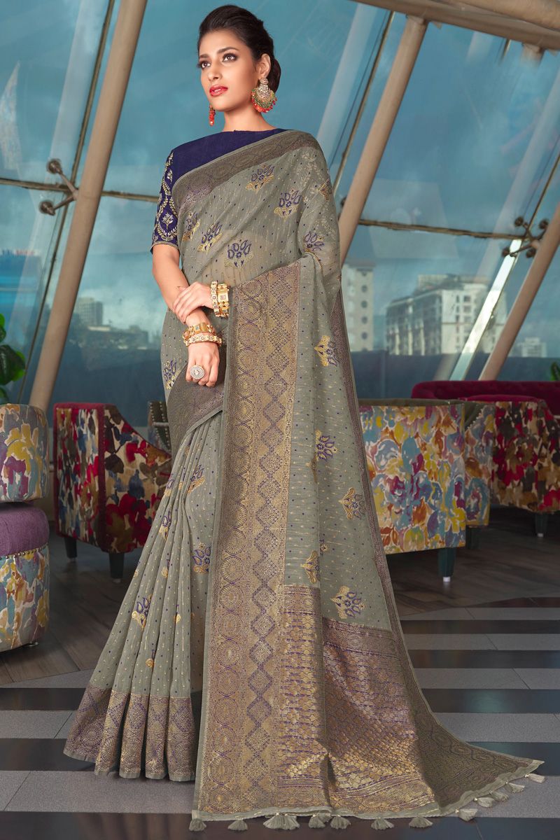 Grey Color Admirable Weaving Designs Saree In Organza Fabric