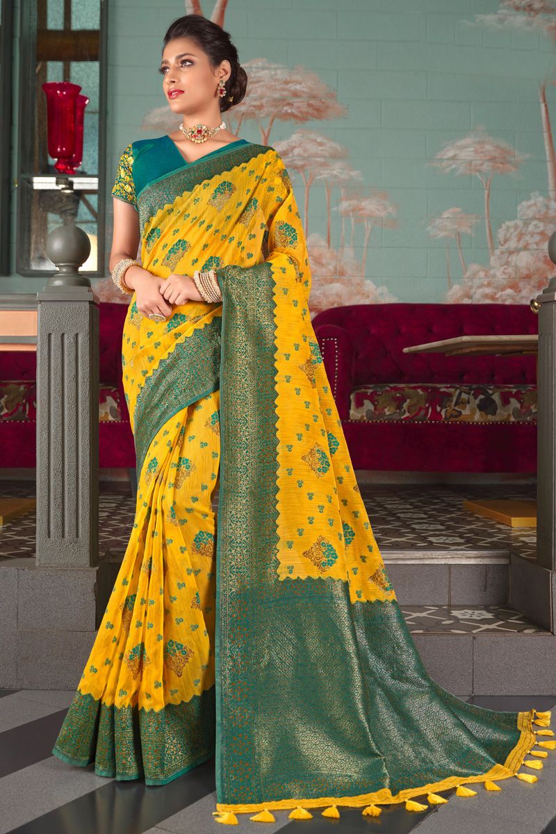 Weaving Designs Yellow Color Adorning Saree In Organza Fabric