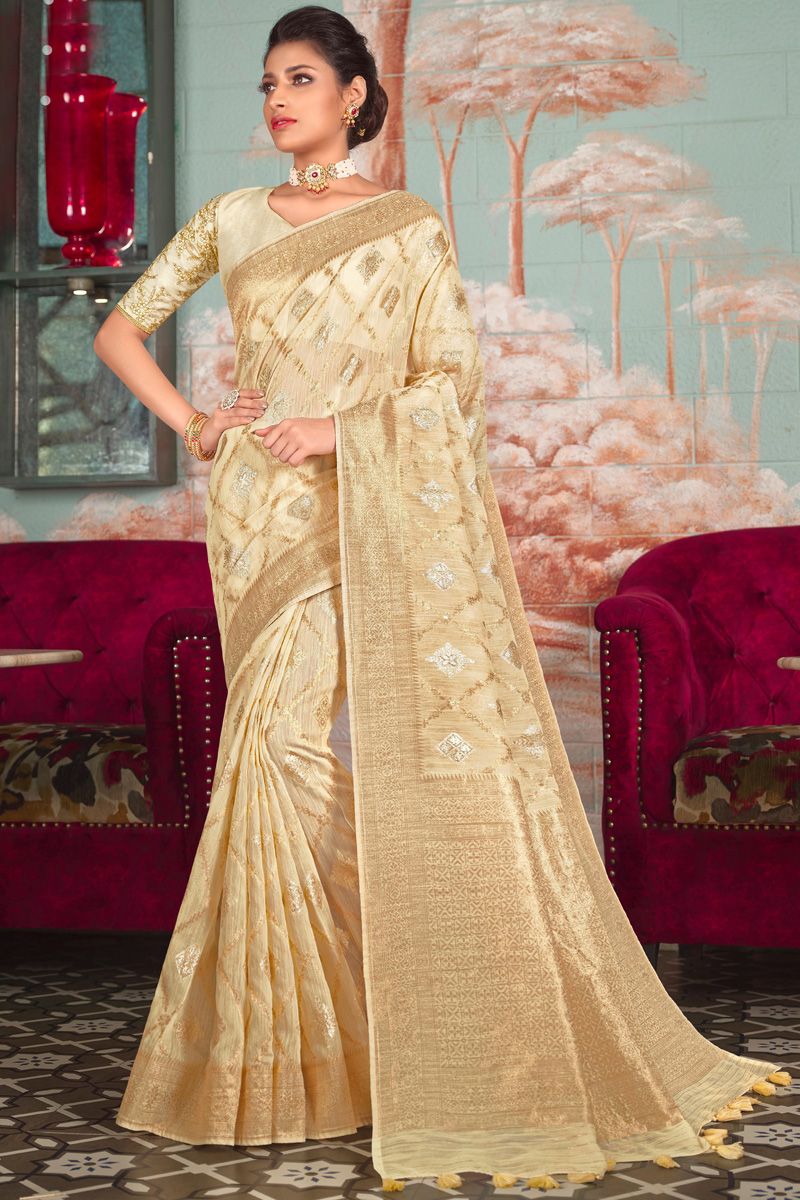 Intricate Weaving Designs Organza Fabric Off White Color Saree