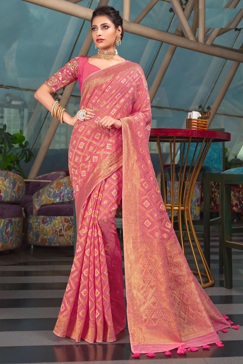 Pink Color Engrossing Weaving Designs Saree In Organza Fabric