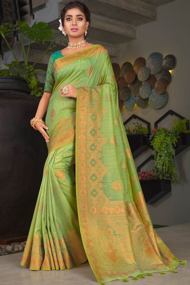 Beauteous Green Color Weaving Work Saree In Art Silk Fabric