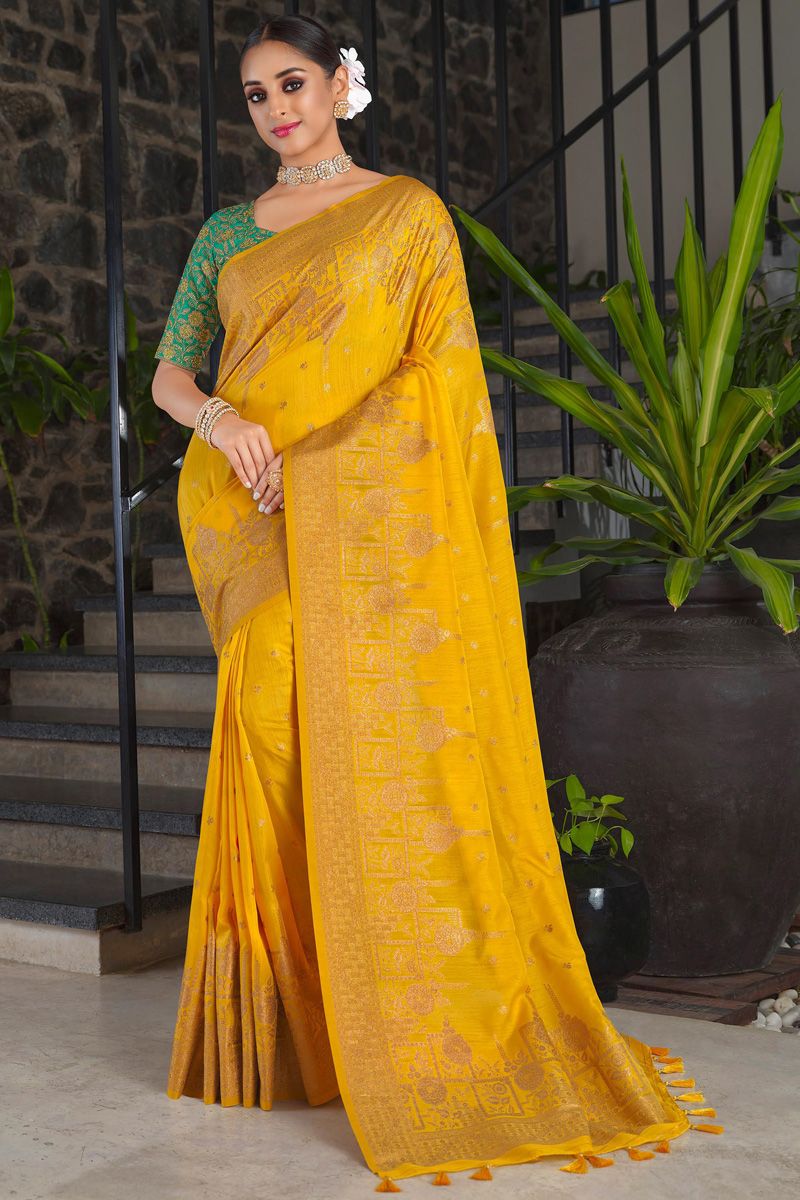 Appealing Yellow Color Weaving Work Saree In Art Silk Fabric