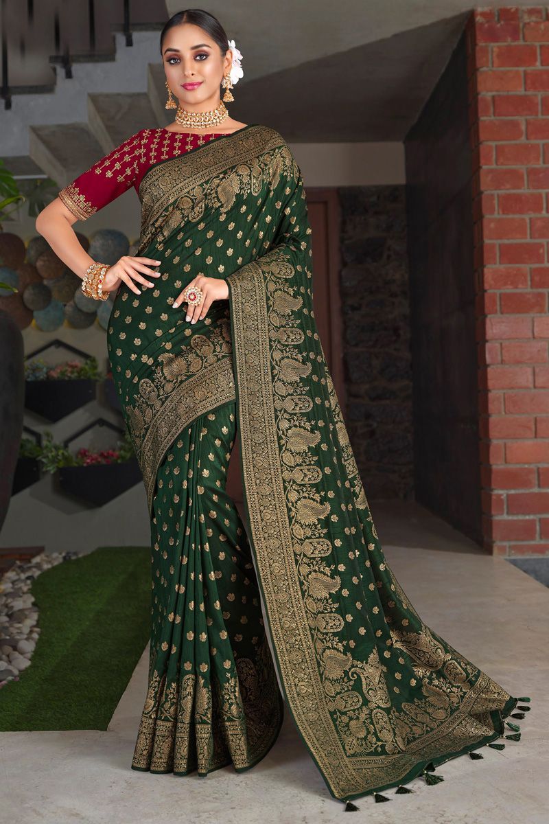 Art Silk Fabric Traditional Weaving Work Saree In Green Color