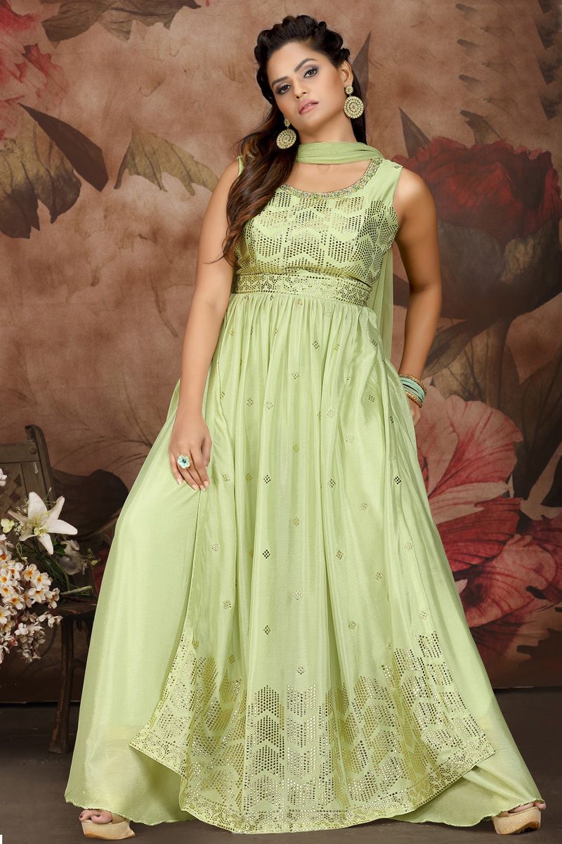 Chinon Fabric Green Color Riveting Palazzo Suit