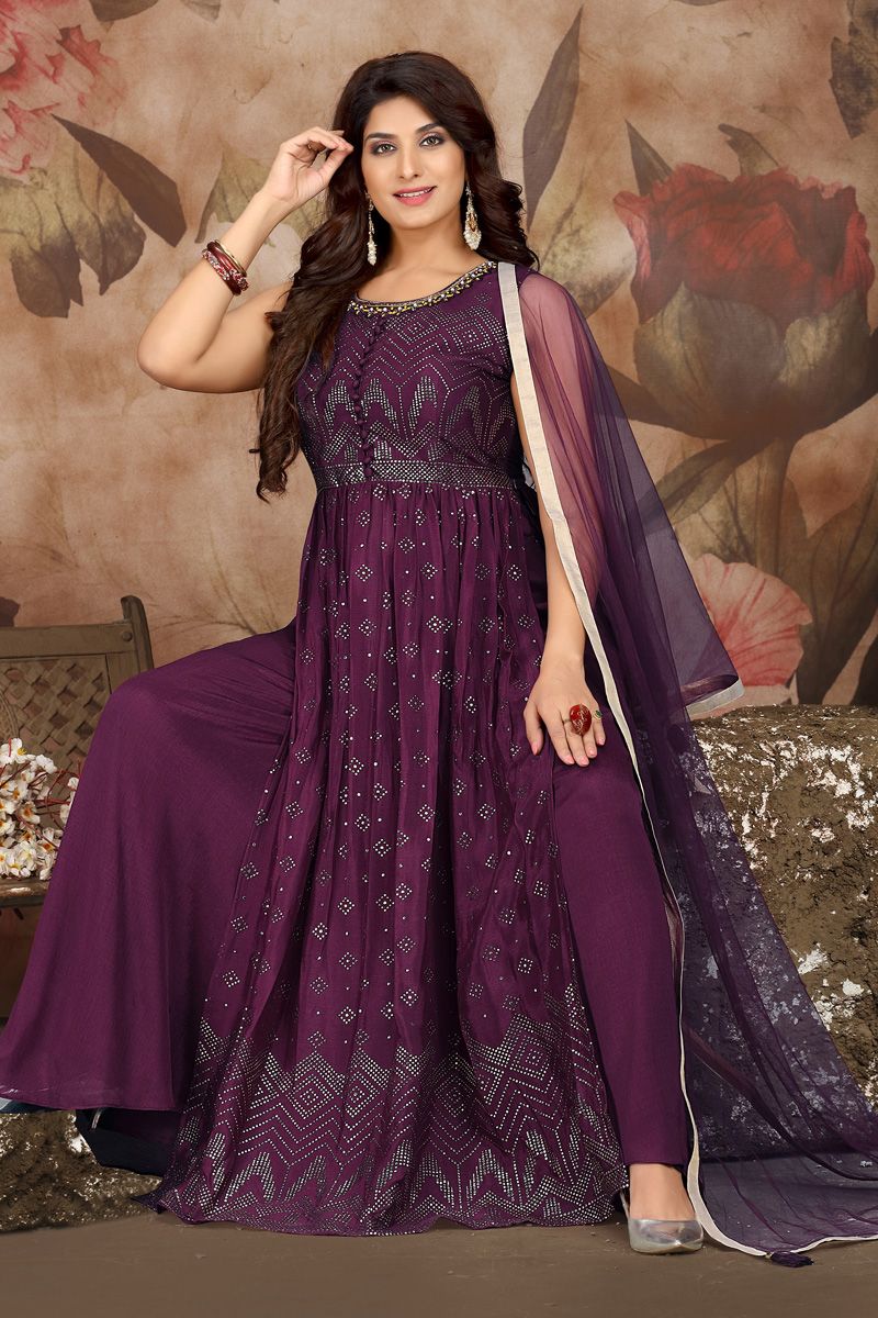 Chinon Fabric Purple Color Patterned Palazzo Suit