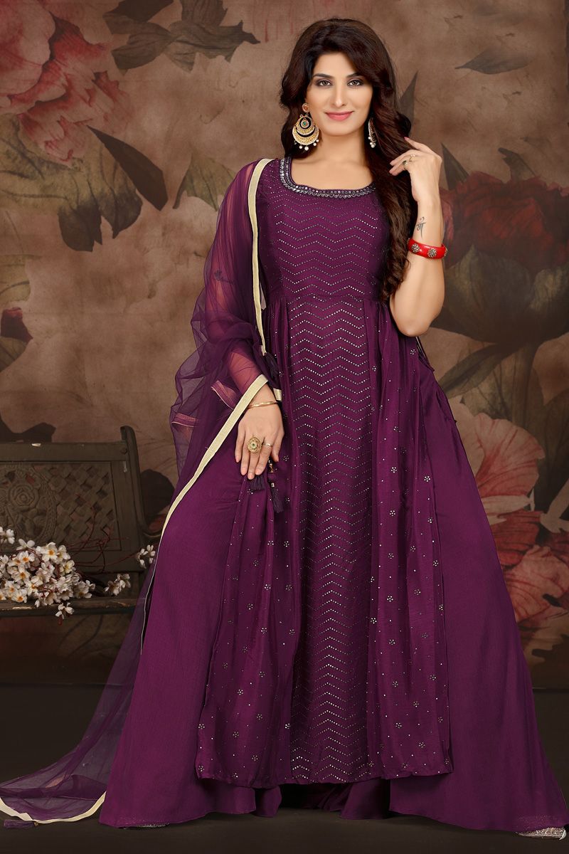 Creative Purple Color Chinon Fabric Palazzo Suit