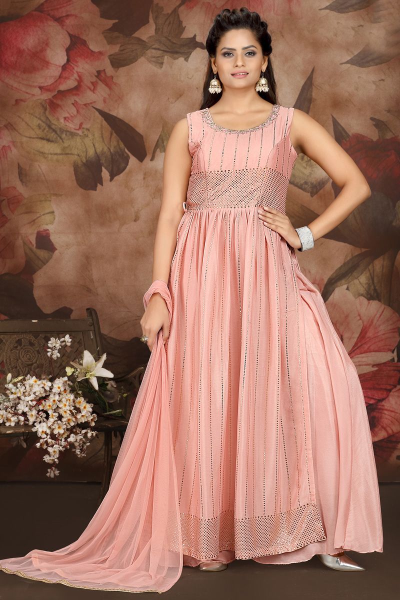 Beguiling Peach Color Chinon Fabric Palazzo Suit