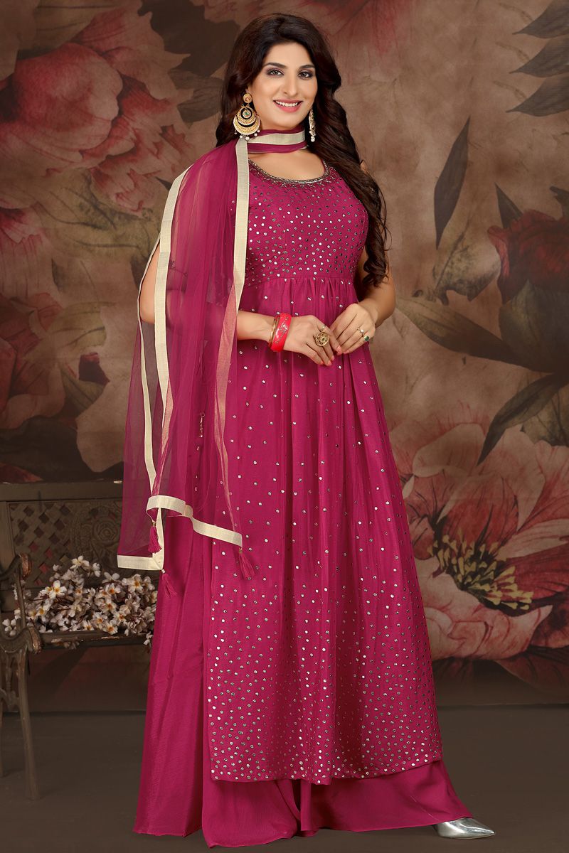 Tempting Chinon Fabric Rani Color Palazzo Suit