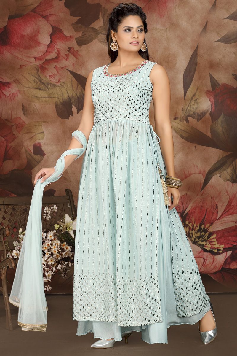 Light Cyan Color Chinon Fabric Special Palazzo Suit