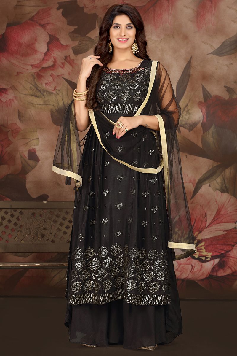 Chinon Fabric Bewitching Palazzo Suit In Black Color