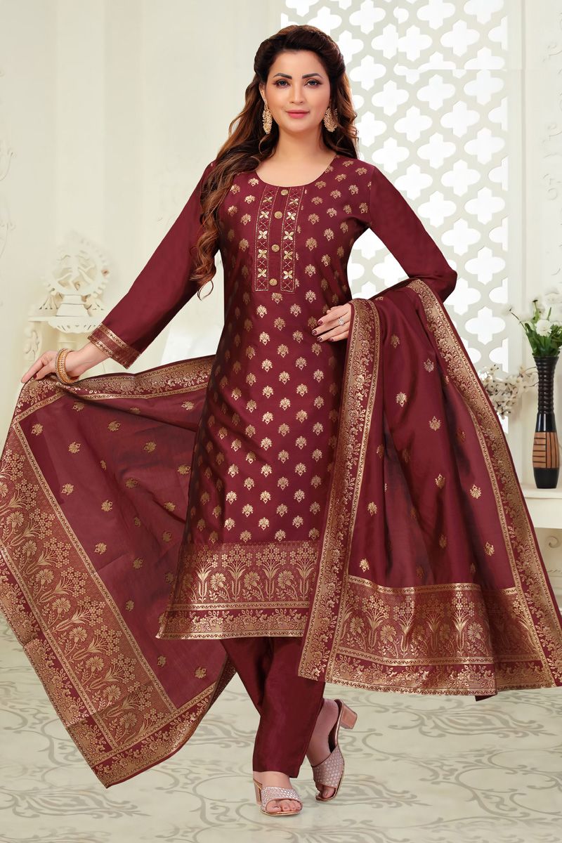 Classic Chanderi Festive Look Salwar Suit in Brown Color