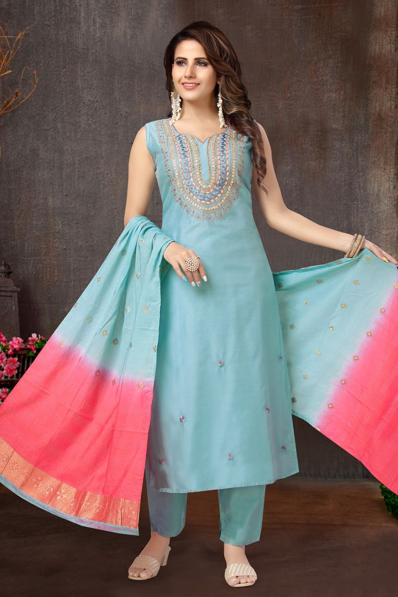 Chanderi Festive Look Readymade Salwar Suit in Cyan Color