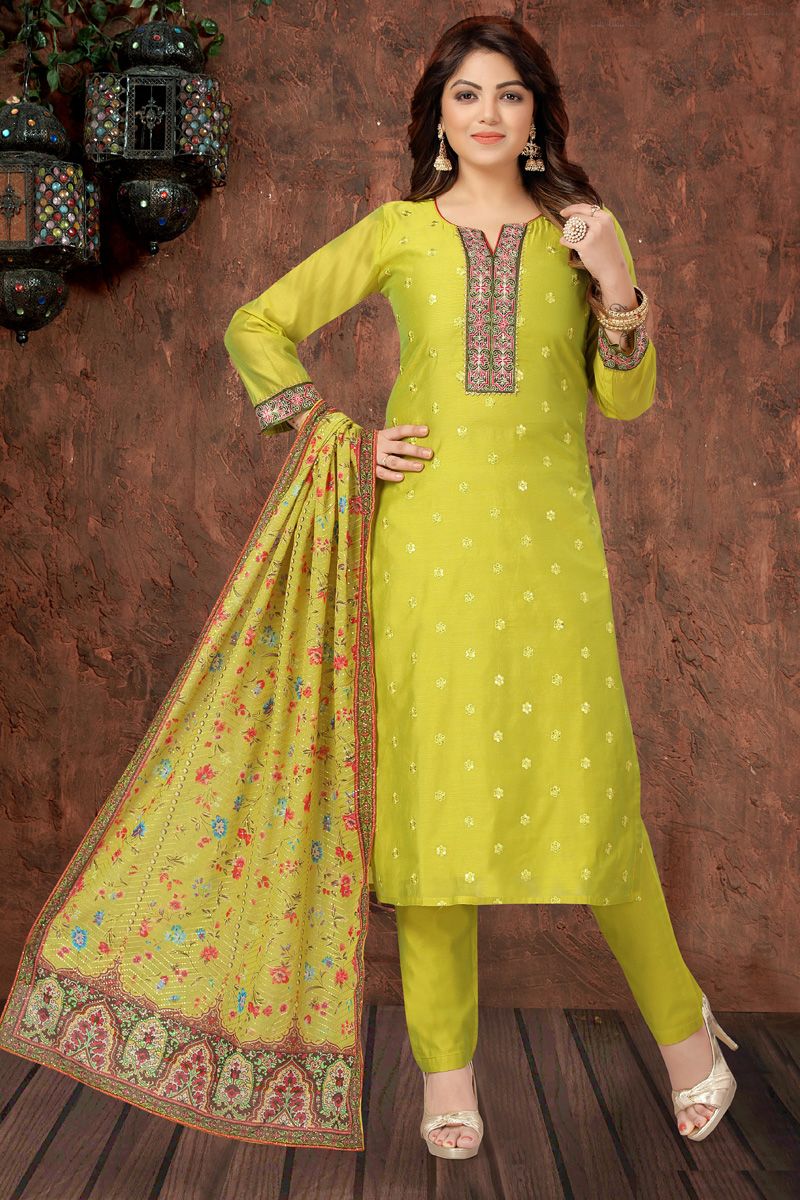 Beautiful Green Chanderi Festive Look Salwar Suit