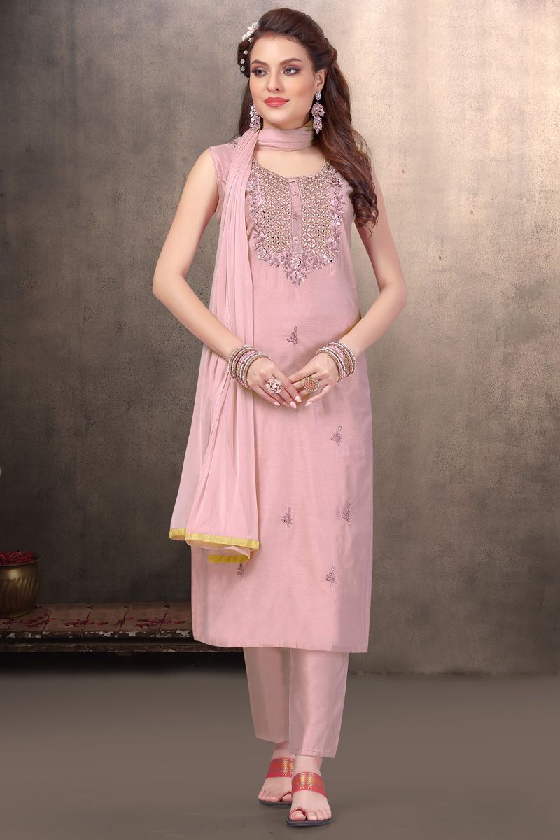 Pink Color Lavish Chanderi Festive Look Readymade Salwar Suit