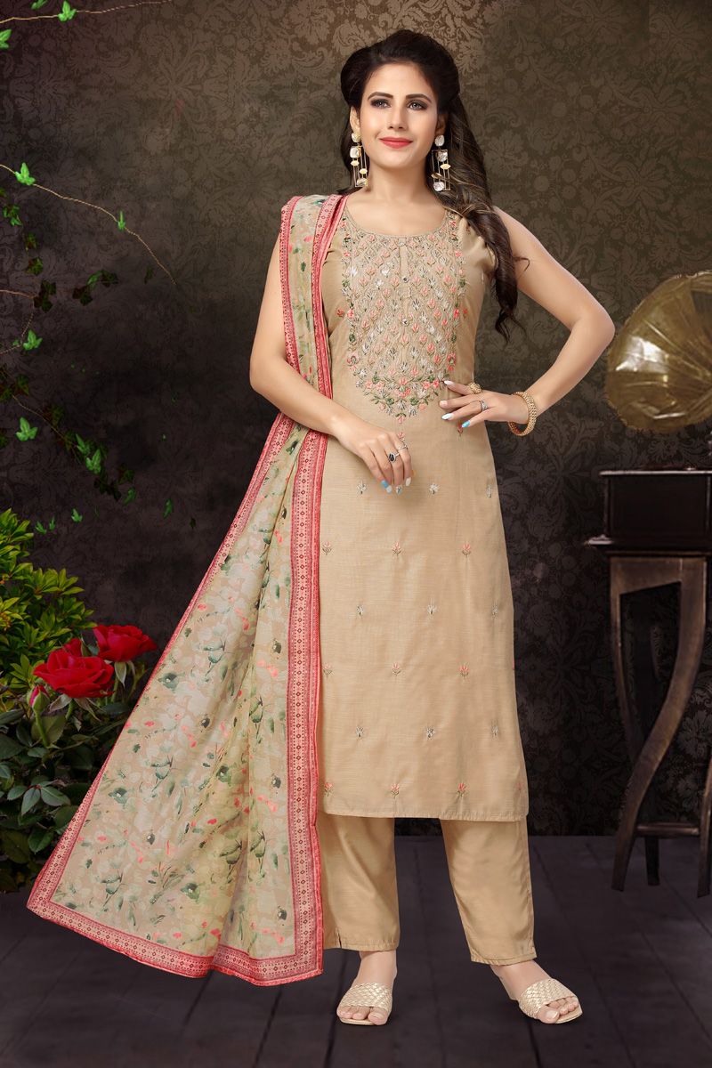 Chanderi Festive Look Readymade Salwar Suit in Beige Color