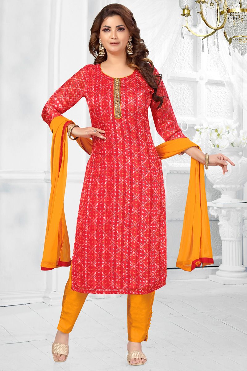 Red Color Ingenious Chinon Festive Look Readymade Salwar Suit