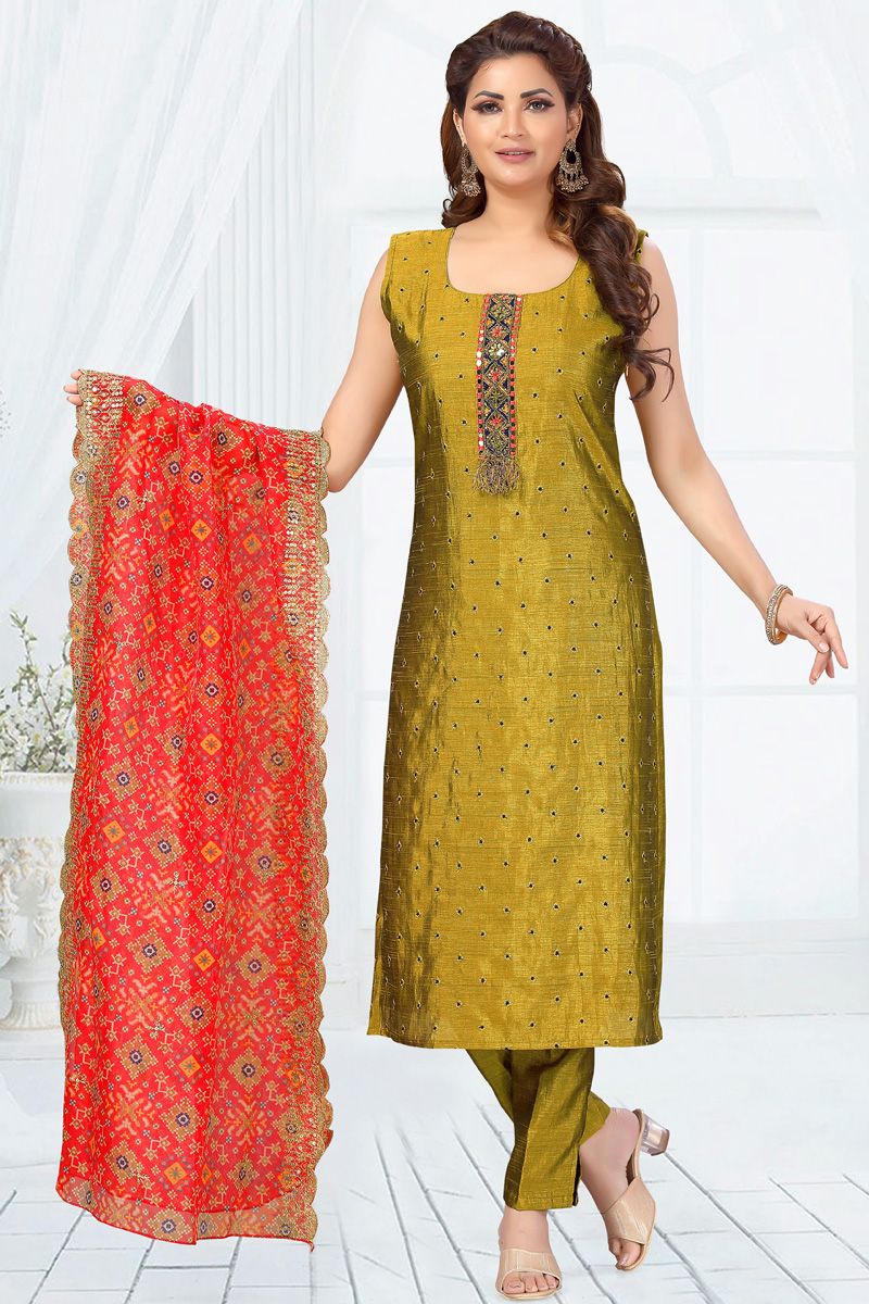 Chanderi Festive Look Readymade Salwar Suit in Olive Color