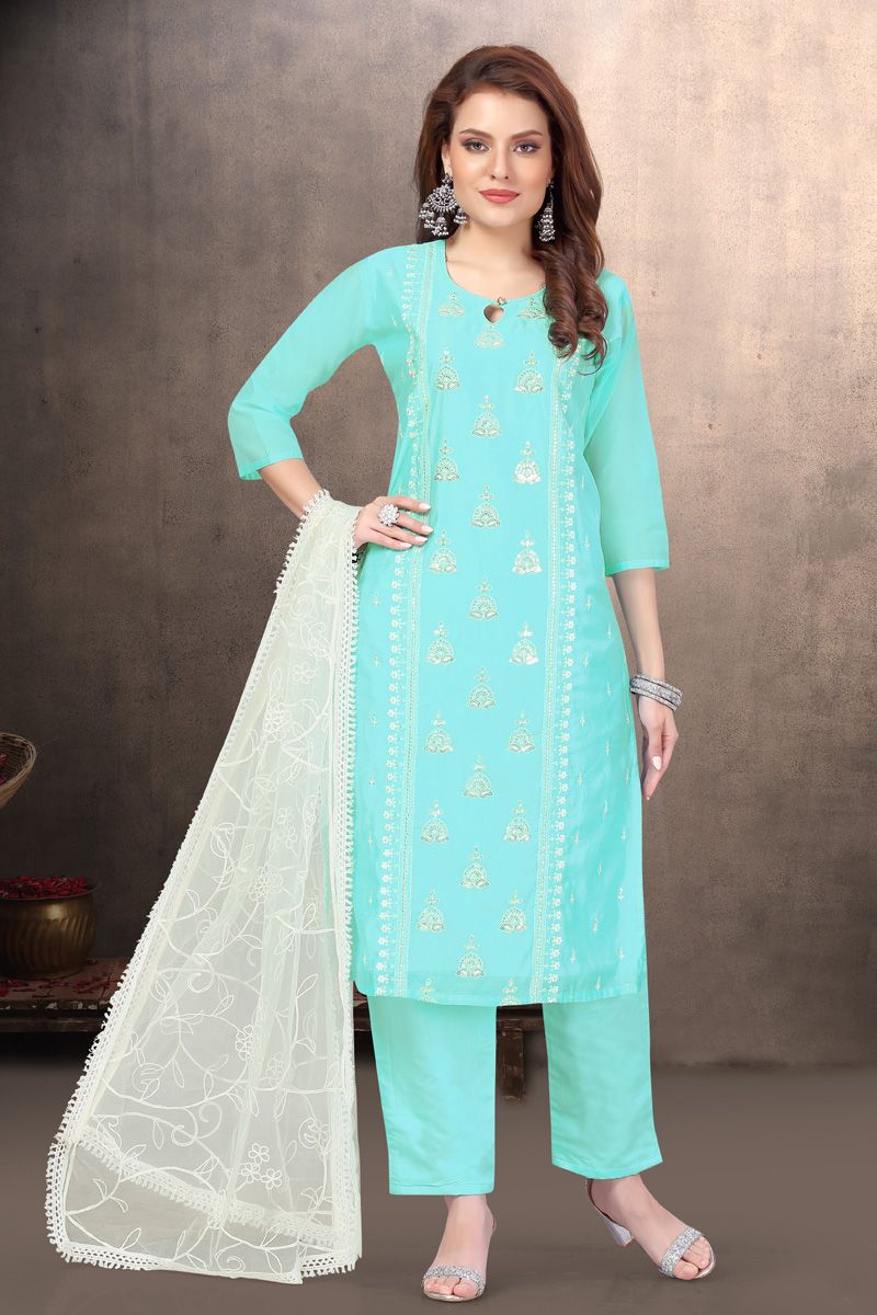 Sea Green Color Fascinating Chanderi Festive Look Readymade Salwar Suit