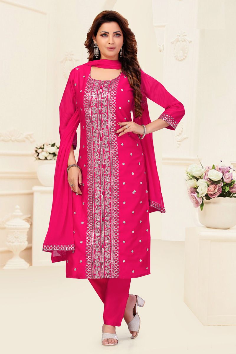 Chanderi Festive Look Readymade Salwar Suit in Rani Color