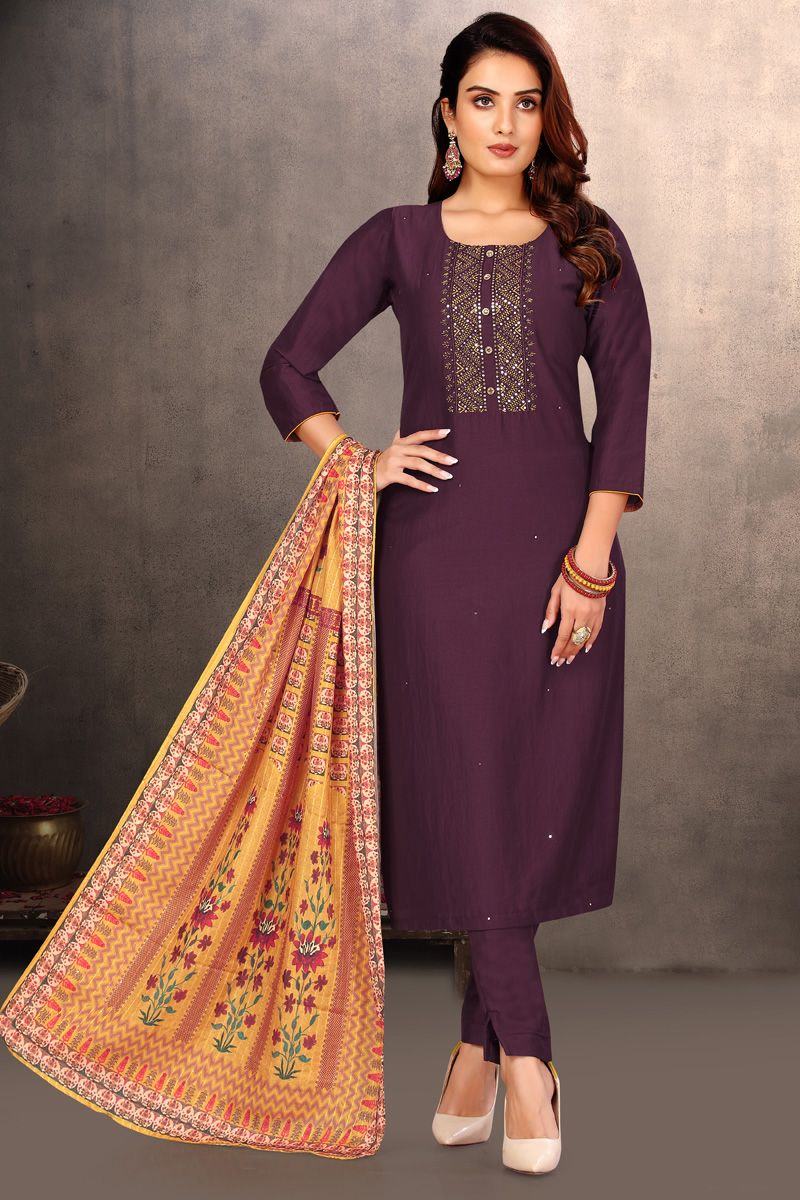 Wine Color Art Silk Festive Look Readymade Salwar Suit