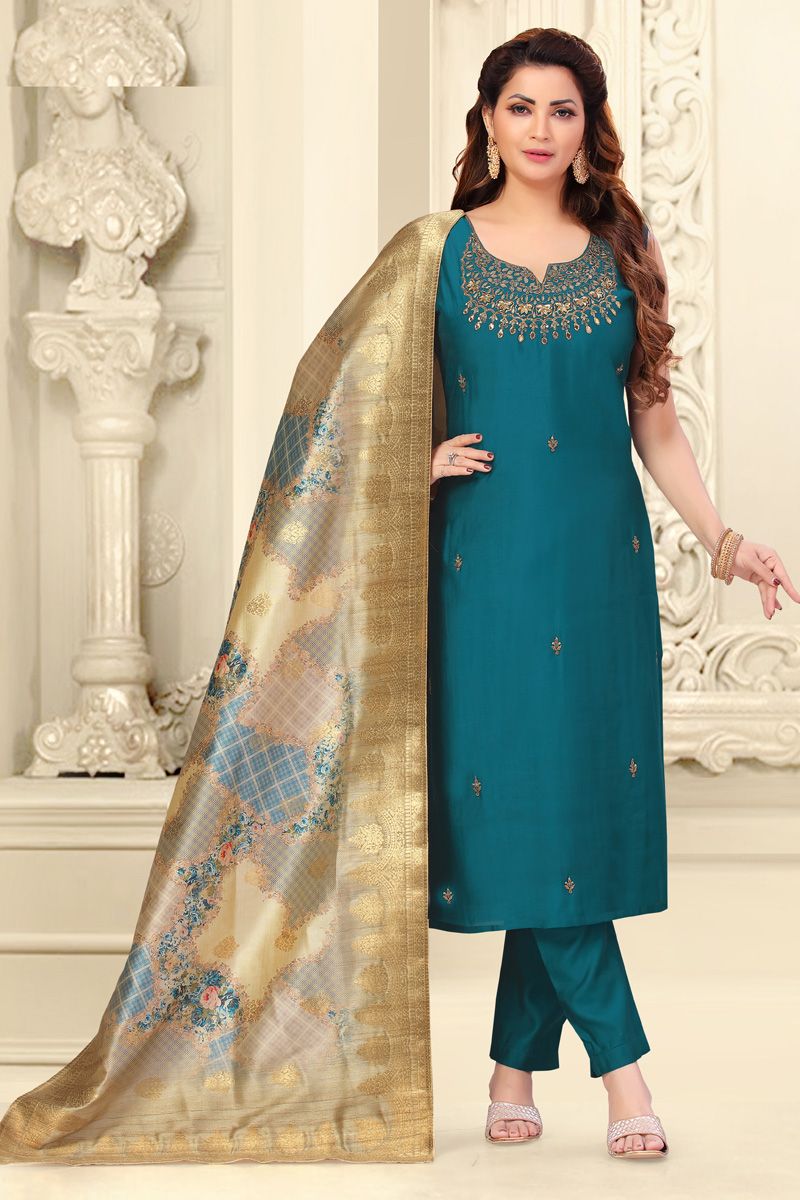 Chanderi Festive Look Readymade Salwar Suit in Teal Color