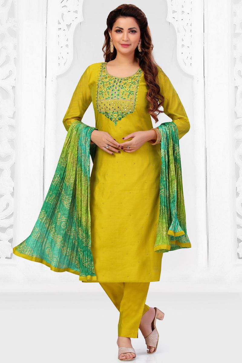 Mustard Color Beautiful Chanderi Festive Look Readymade Salwar Suit