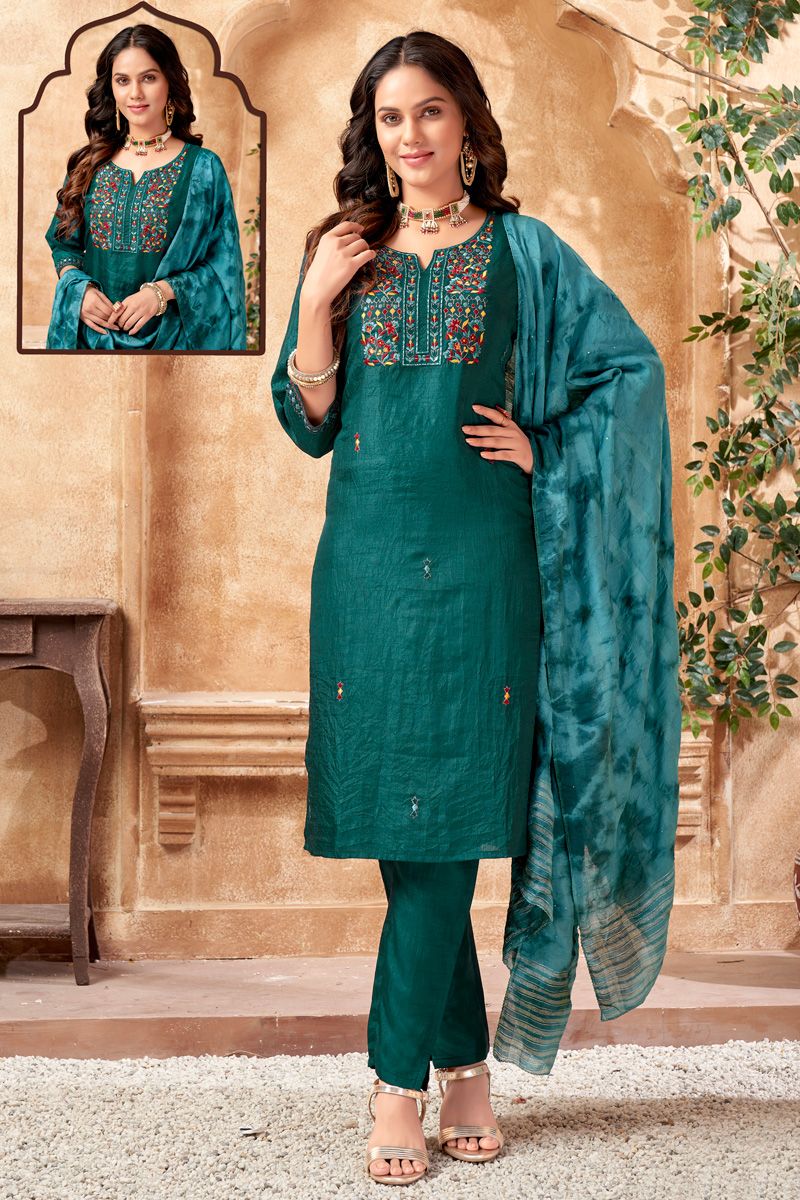 Chanderi Festive Look Readymade Salwar Suit in Dark Green Color