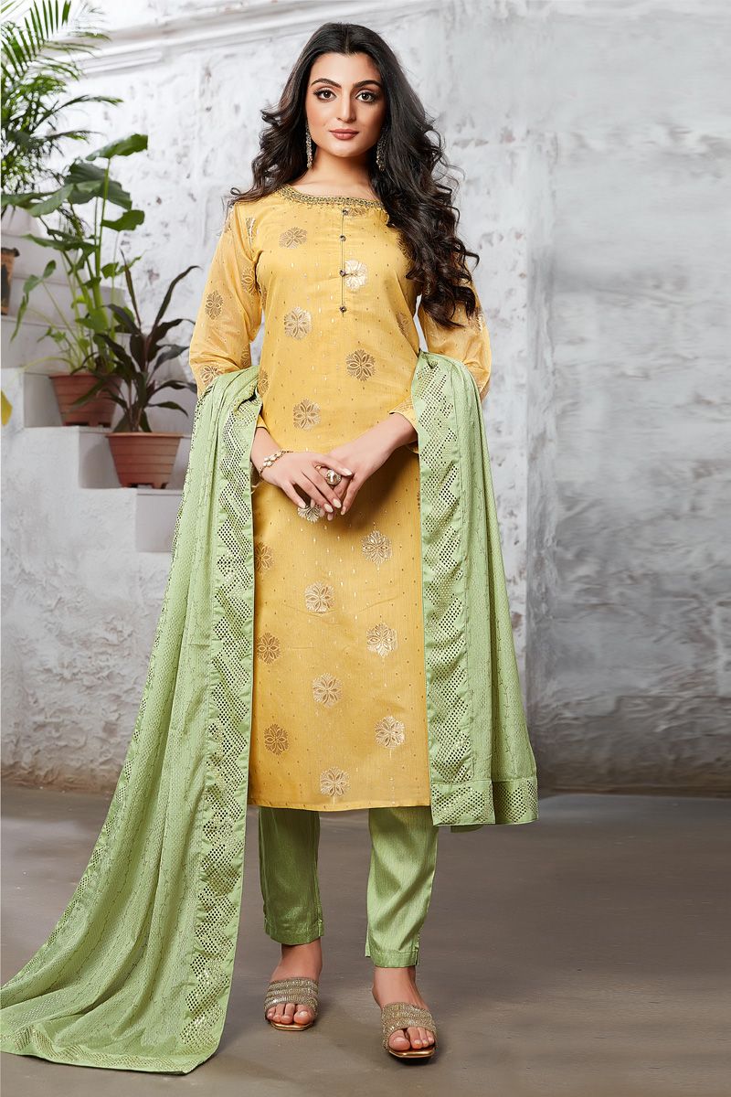 Classic Art Silk Function Wear Salwar Suit in Yellow Color