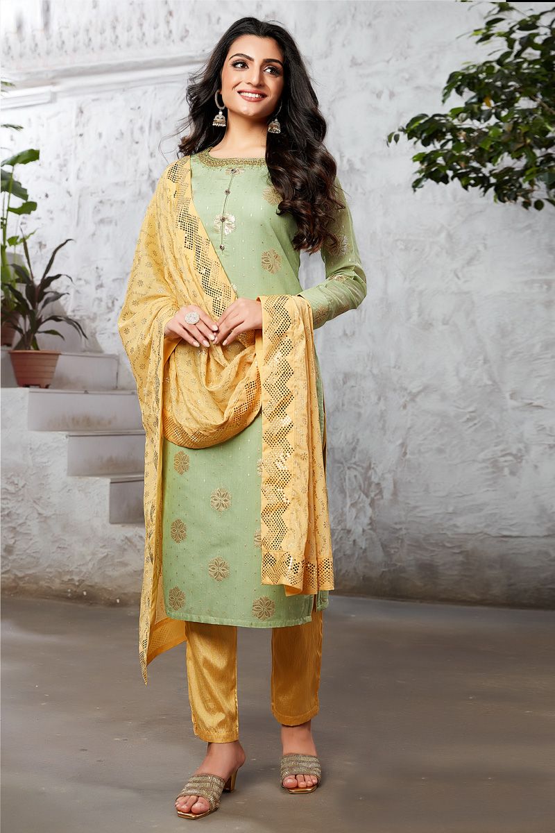 Sea Green Color Inventive Art Silk Function Wear Salwar Suit