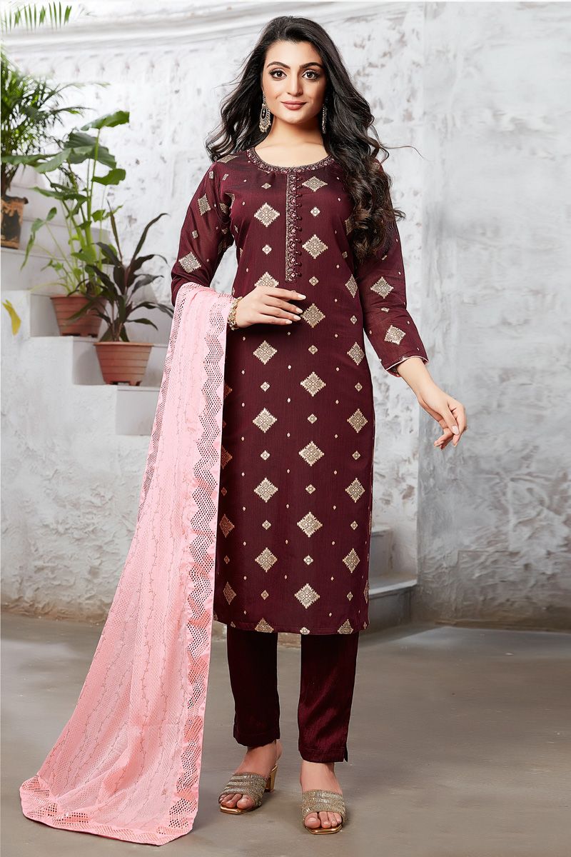 Maroon Color Bright Art Silk Function Wear Salwar Suit