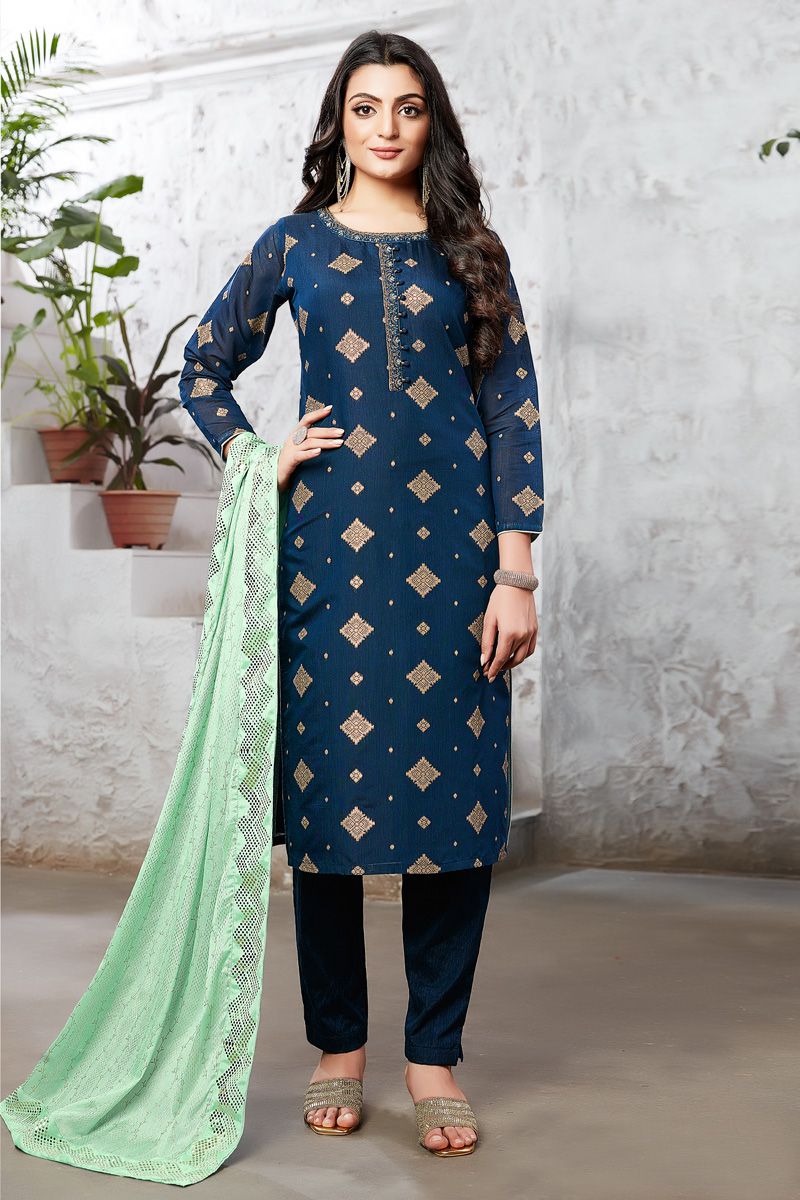 Beautiful Teal Color Art Silk Function Wear Salwar Suit