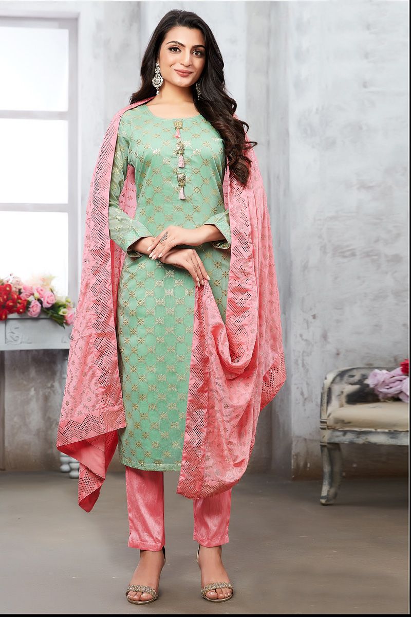 Sea Green Color Stylish Art Silk Function Wear Salwar Suit