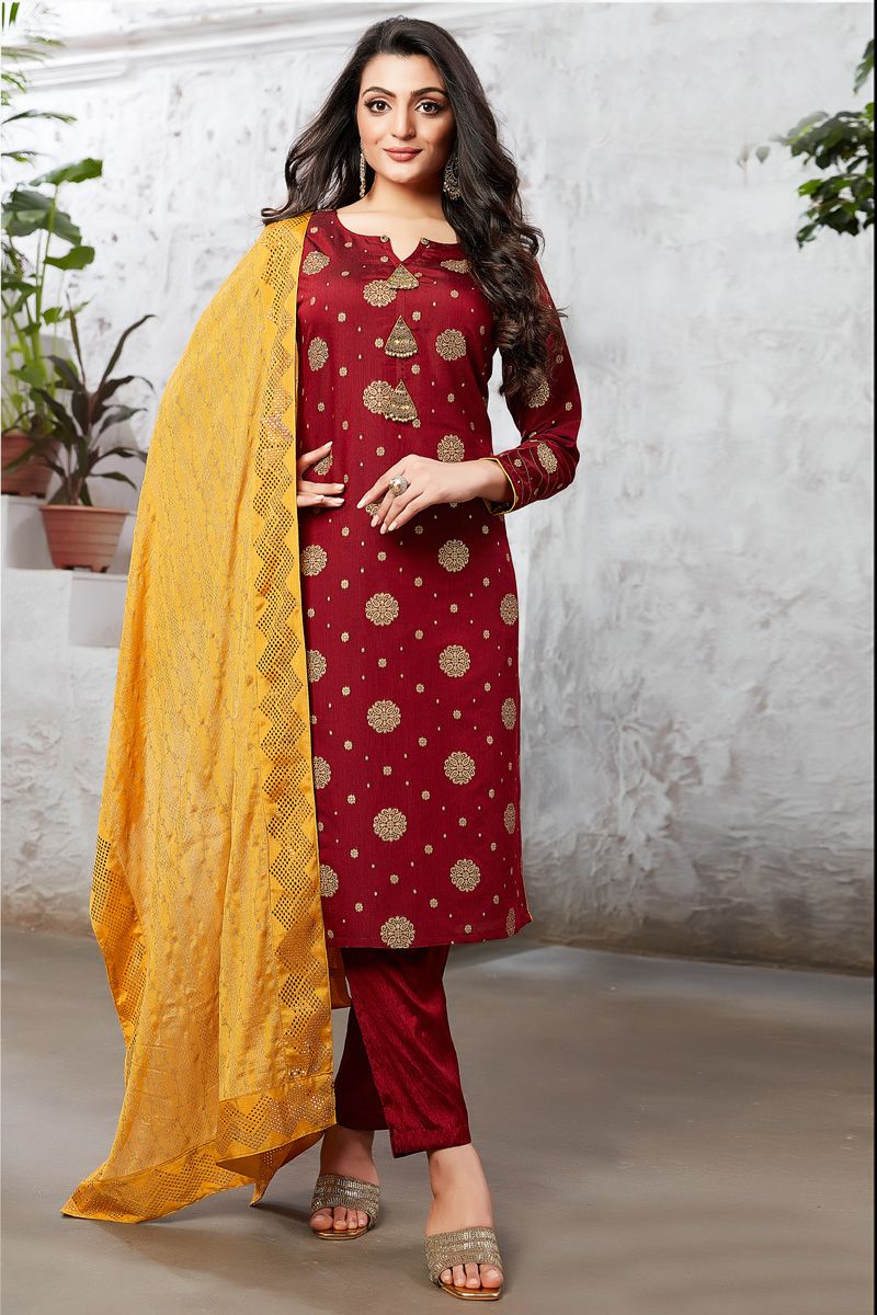 Maroon Color Lavish Art Silk Function Wear Salwar Suit