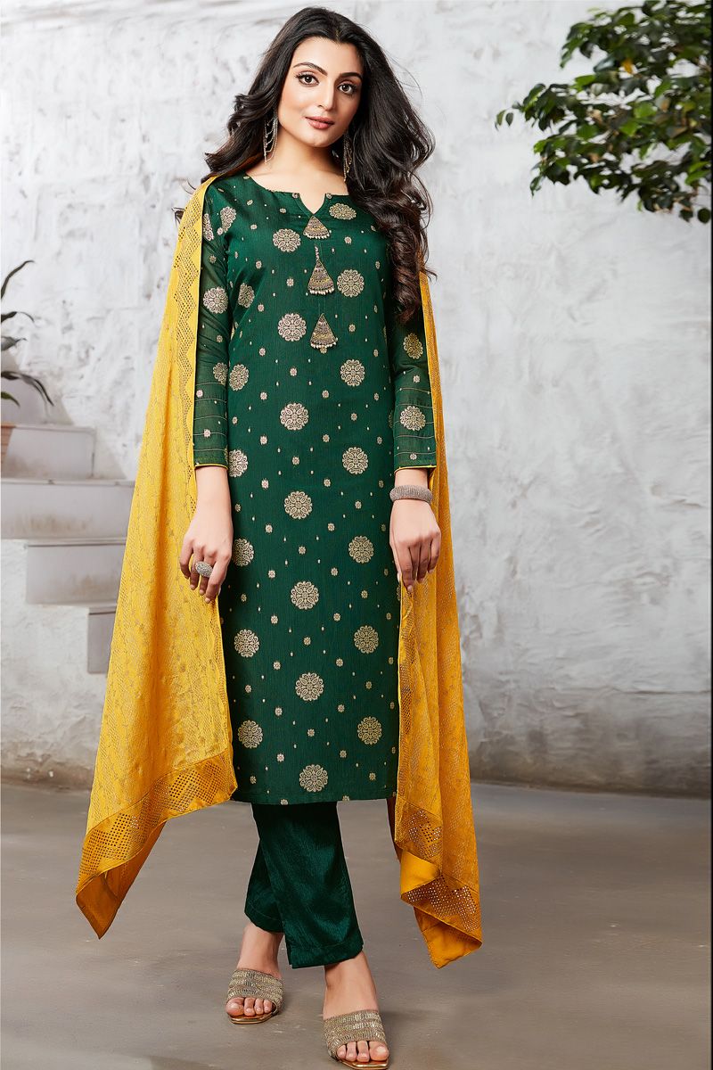 Vintage Art Silk Function Wear Salwar Suit in Dark Green Color