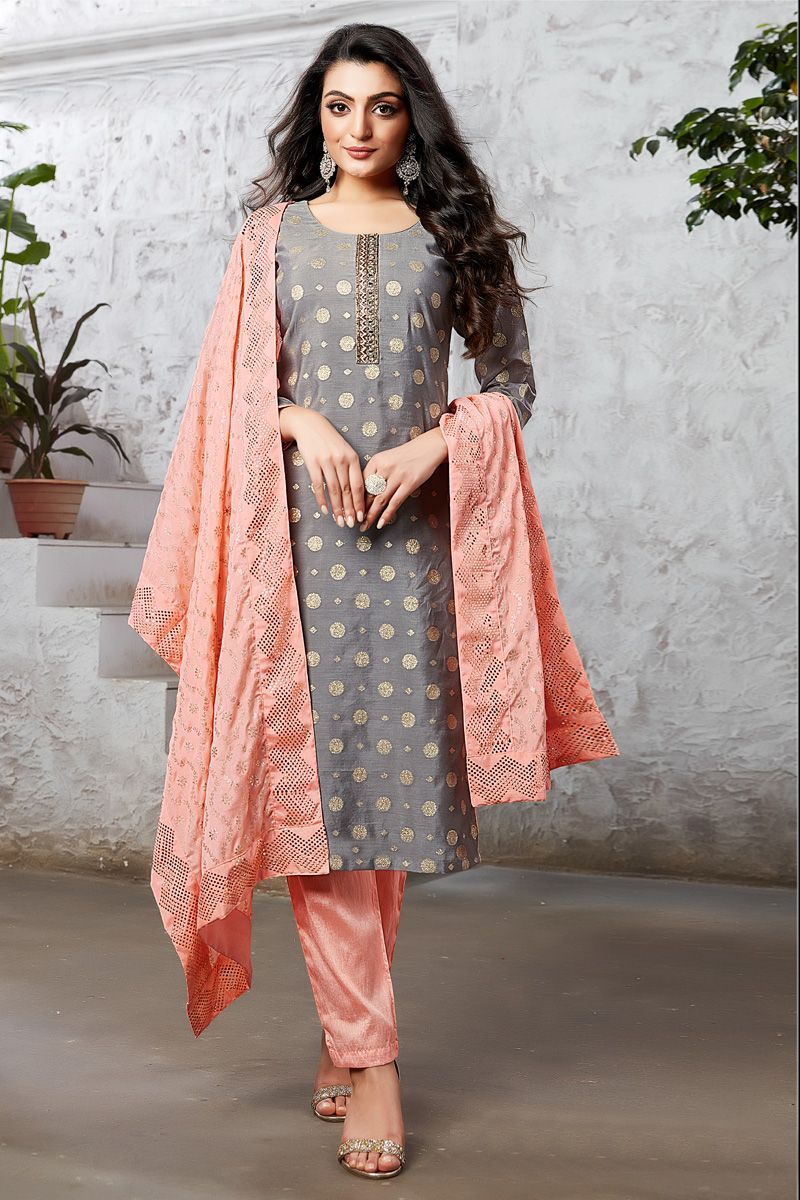 Beguiling Art Silk Function Wear Salwar Suit in Grey Color