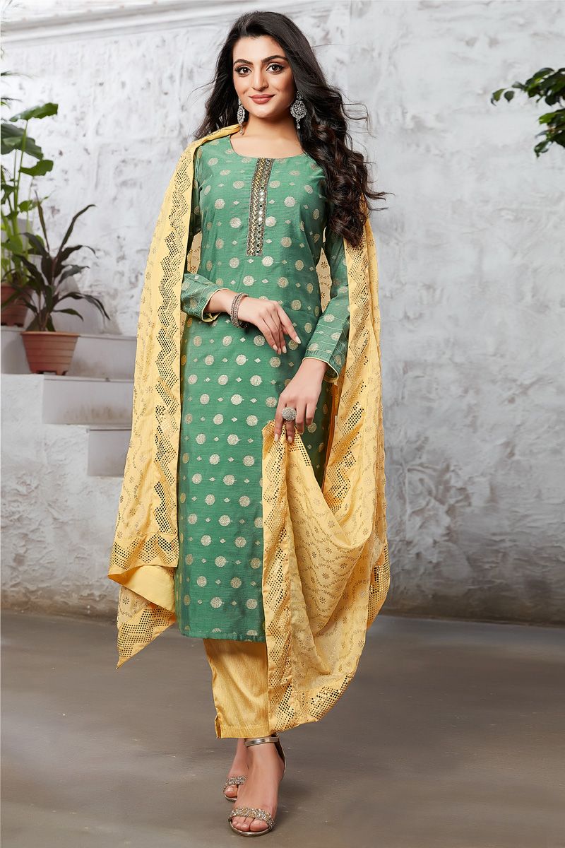 Fancy Art Silk Function Wear Salwar Suit In Green Color