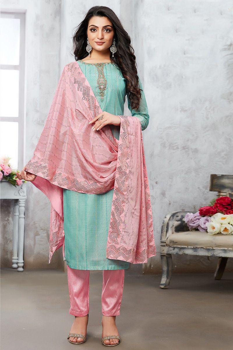 Alluring Art Silk Function Wear Salwar Suit in Light Cyan Color