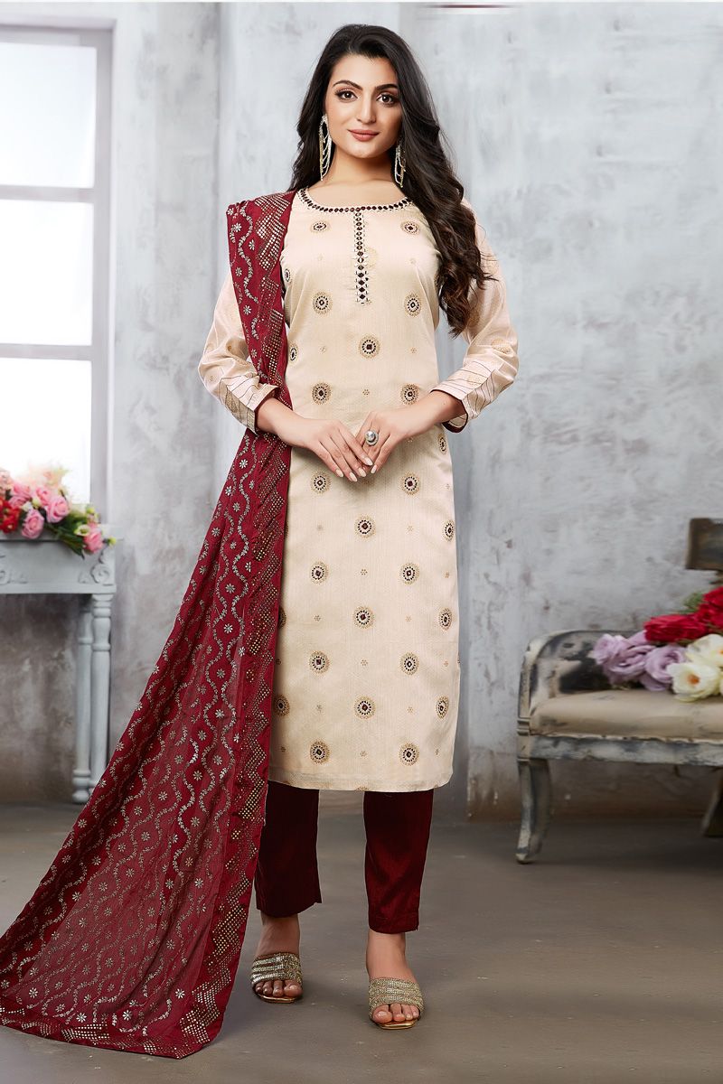 Cream Color Creative Art Silk Function Wear Salwar Suit