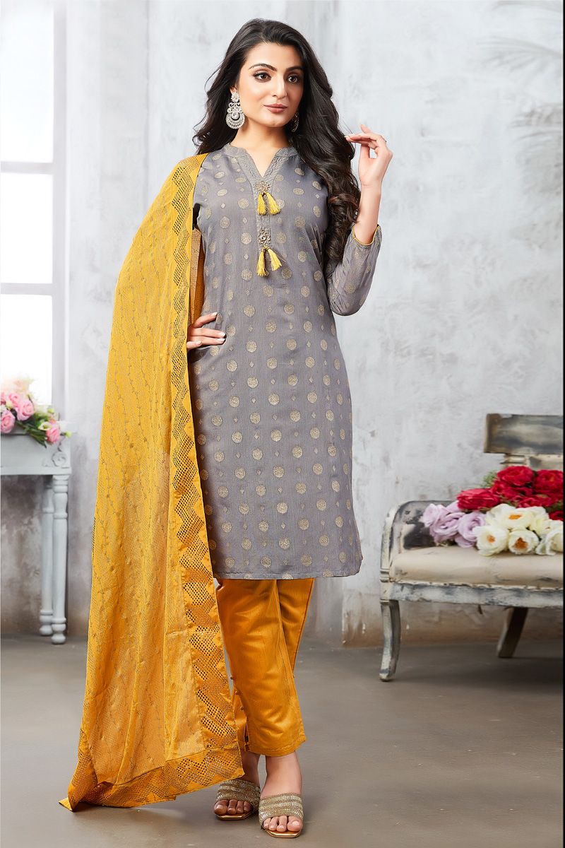 Elegant Art Silk Function Wear Salwar Suit in Grey Color