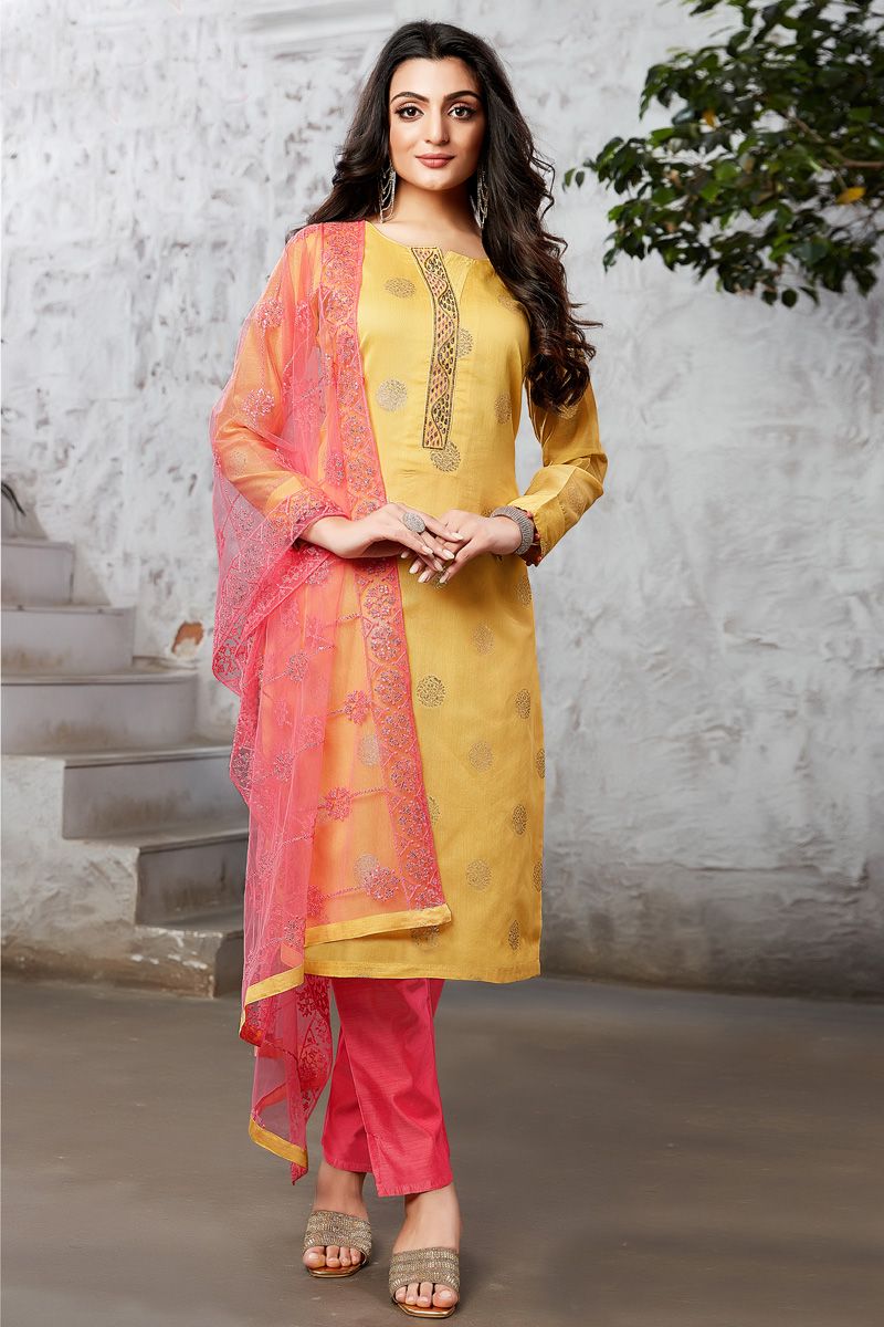 Yellow Color Parity Art Silk Function Wear Salwar Suit