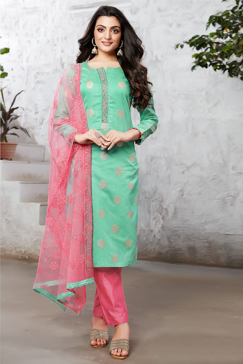 Glittering Green Color Art Silk Function Wear Salwar Suit