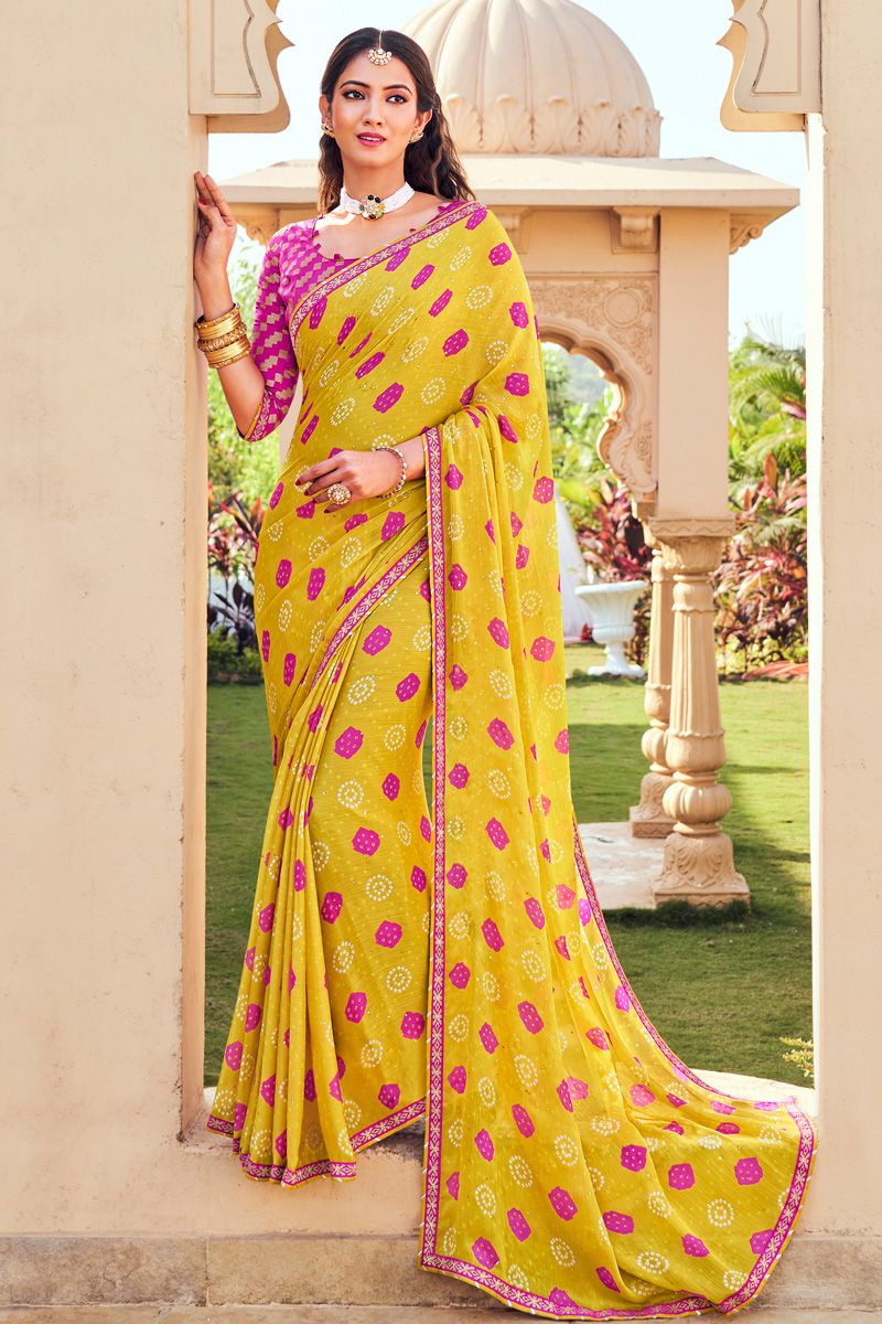 Yellow Color Bandhani Style Wonderful Chiffon Saree