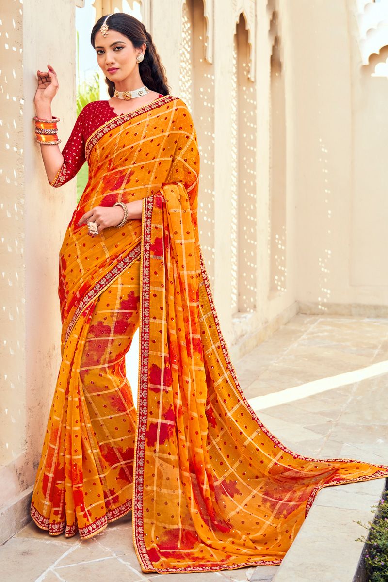 Mustard Color Adorming Bandhani Style Chiffon Saree