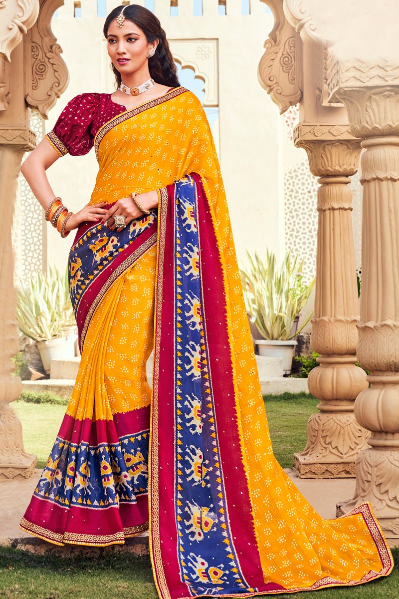 Yellow Color Bandhani Style Glamorous Chiffon Saree