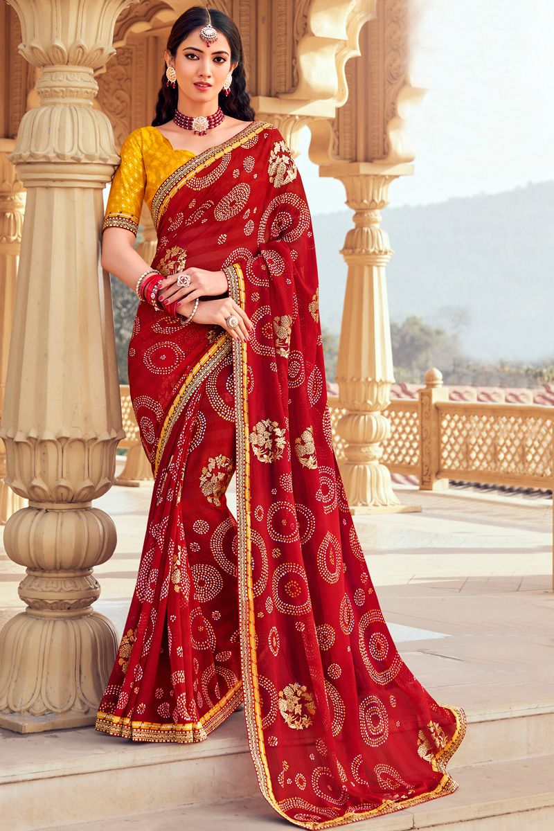 Red Color Bandhani Style Fashionable Chiffon Saree