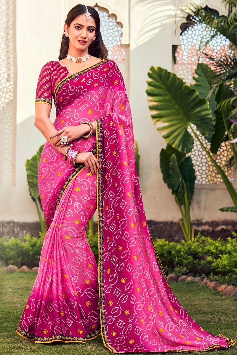 Bandhani Style Beatific Chiffon Saree In Magenta Color