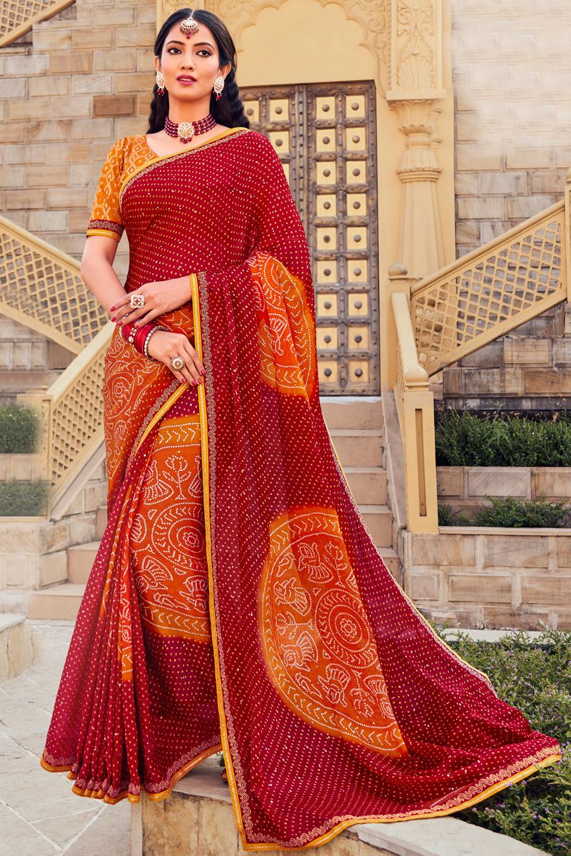 Bandhani Style Red Color Appealing Chiffon Saree