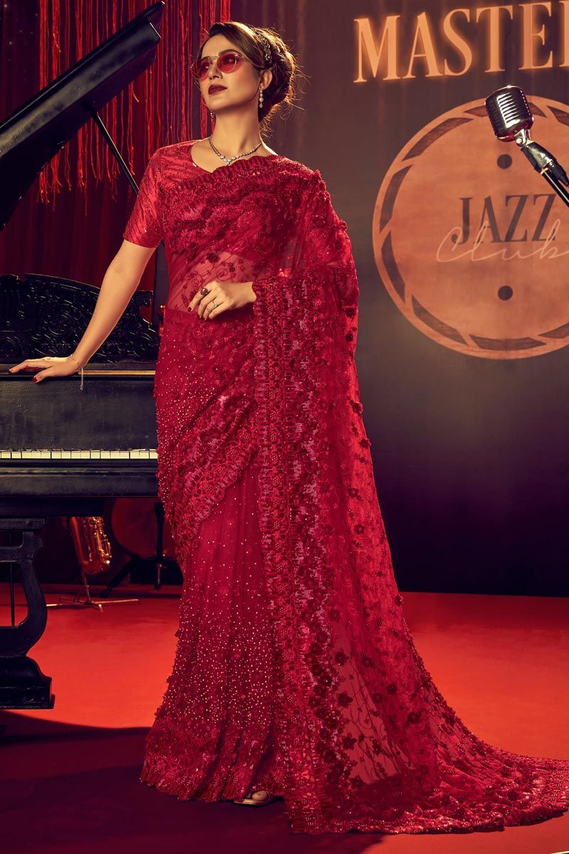 Net Fabric Party Style Luxurious Saree In Red Color