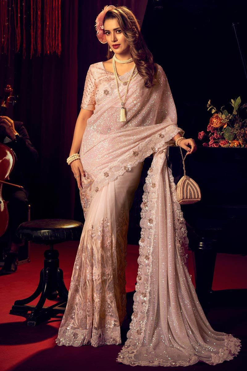 Party Style Lycra Fabric Peach Color Magnificent Saree